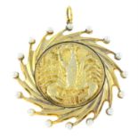 A silver scorpion cameo pendant, with cultured pearl surround, by Stuart Devlin.