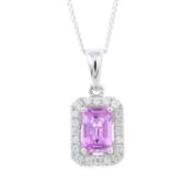An 18ct gold pink sapphire and diamond cluster pendant, with trace-link chain.