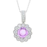 An 18ct gold pink sapphire and diamond cluster pendant, with trace-link chain.