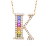 A vari-colour sapphire and diamond 'K' initial pendant pendant, on an integral trace-link chain.