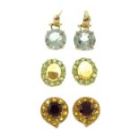 Three pairs of 9ct gold gem-set earrings.