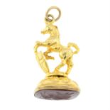A 9ct gold chalcedony horse seal fob.
