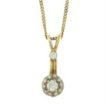 A vari-cut diamond cluster drop pendant, with an 18ct gold curb-link chain.