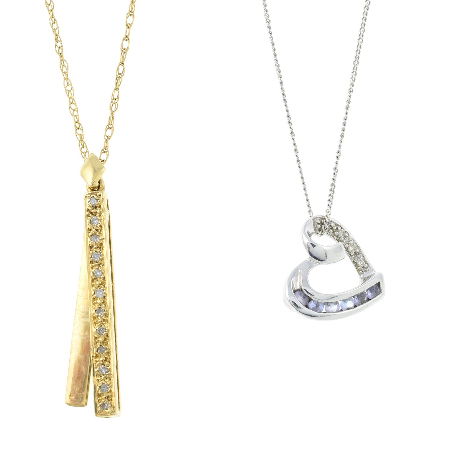 Two 9ct gold gemset pendants, with chains.