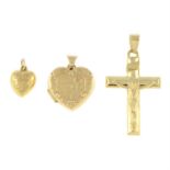Three 9ct gold pendants.