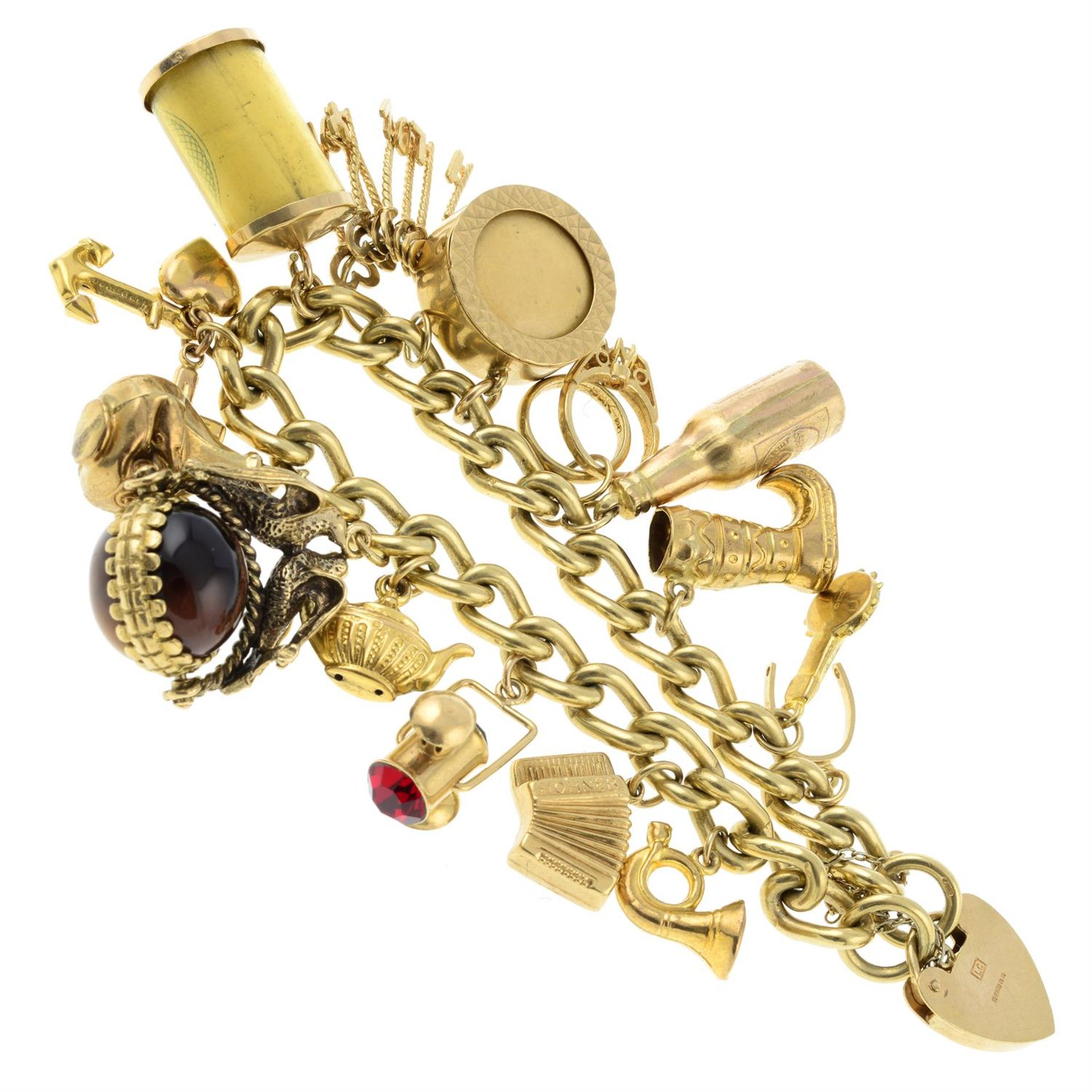 A 9ct gold curb-link charm bracelet, suspending fifteen charms, gathered at a 9ct gold clasp. - Image 2 of 2
