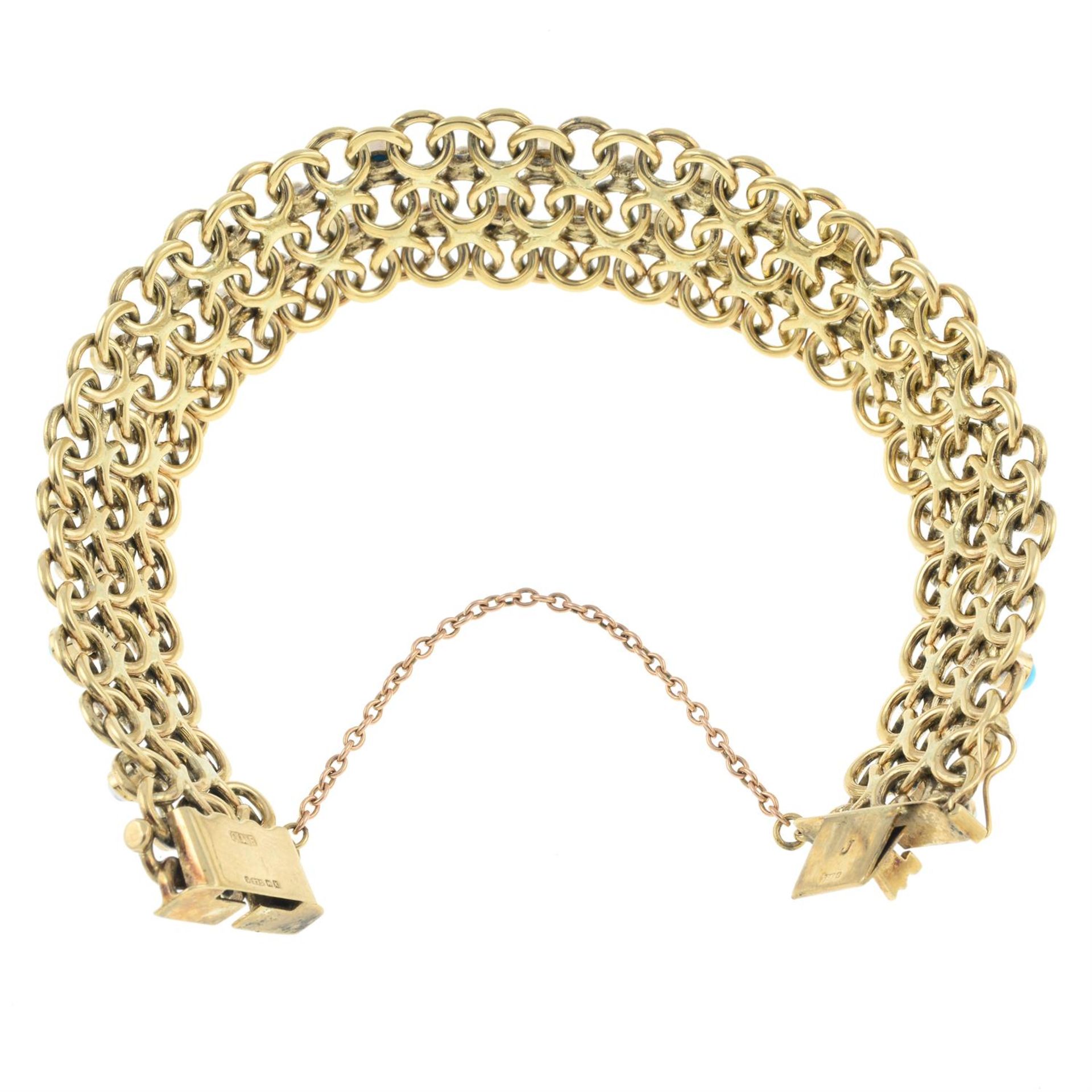 A 9ct gold fancy-link bracelet, with turquoise and split pearl highlights, by Cropp & Farr. - Image 2 of 2