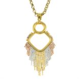 A 9ct gold tricolour drop pendant, with 9ct gold belcher-link chain.