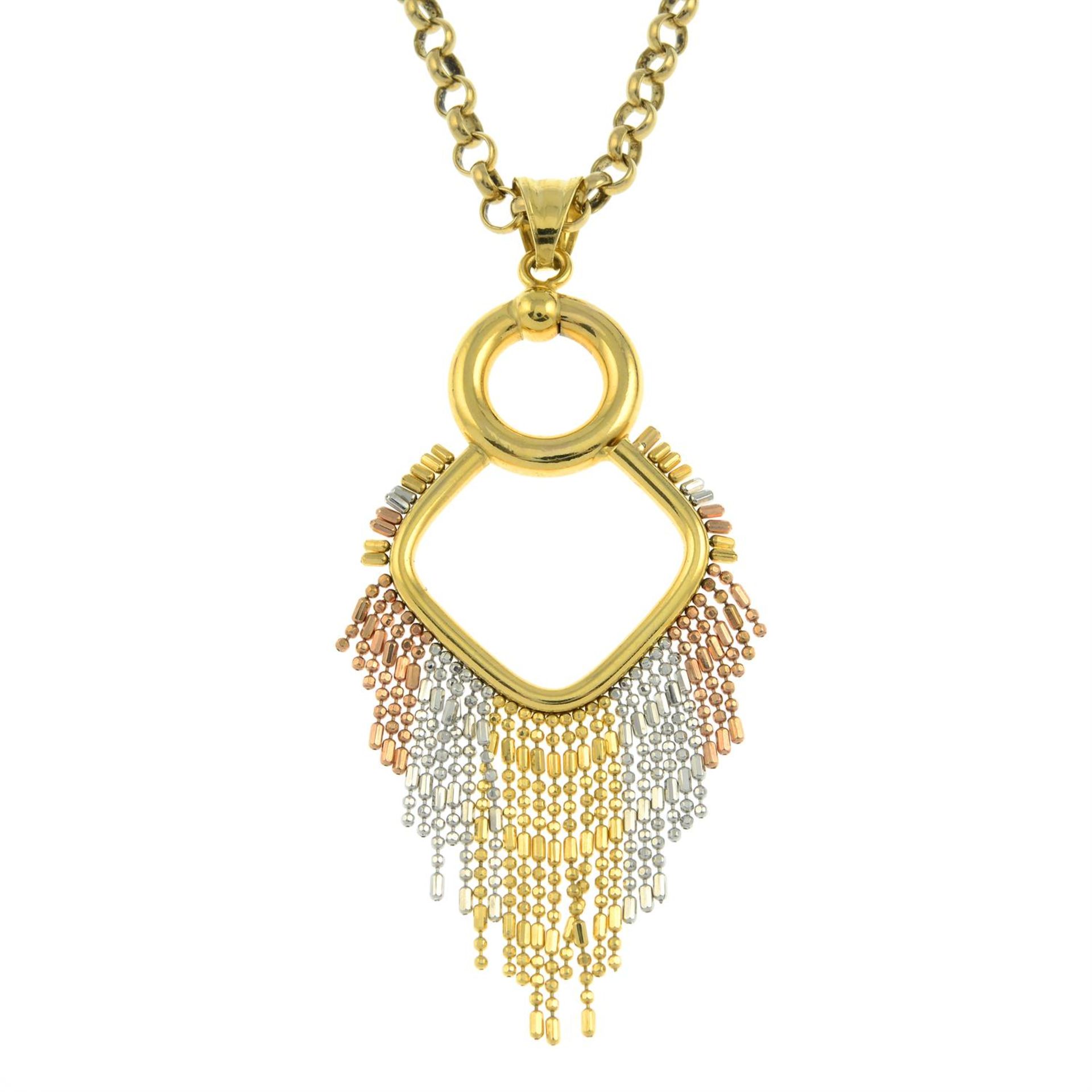 A 9ct gold tricolour drop pendant, with 9ct gold belcher-link chain.