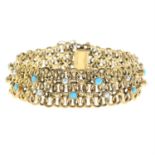 A 9ct gold fancy-link bracelet, with turquoise and split pearl highlights, by Cropp & Farr.