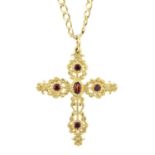 A garnet cross pendant, with 9ct gold curb-link chain.