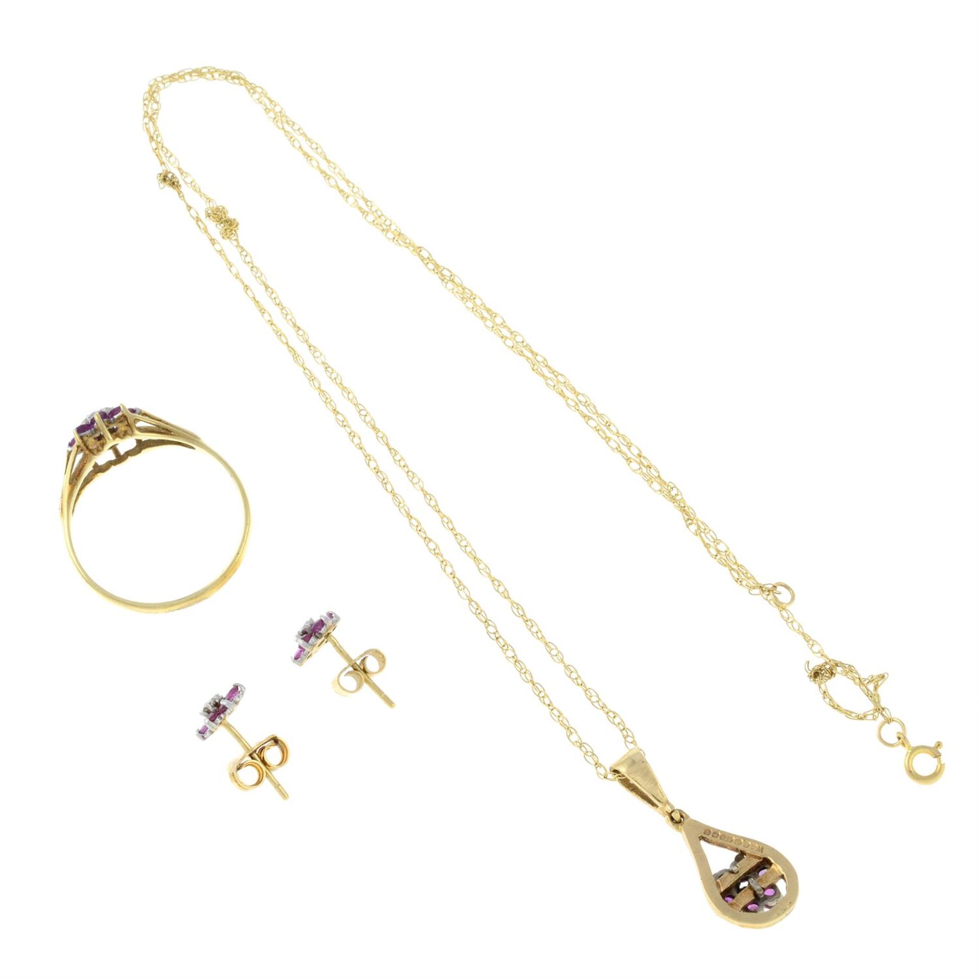 A set of 9ct gold ruby and diamond jewellery, comprising a necklace, a pair of earrings and a ring. - Image 2 of 2