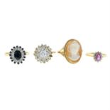 Four 9ct gold gem-set rings.