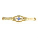 An early 20th century 14ct gold diamond and sapphire openwork bar brooch.