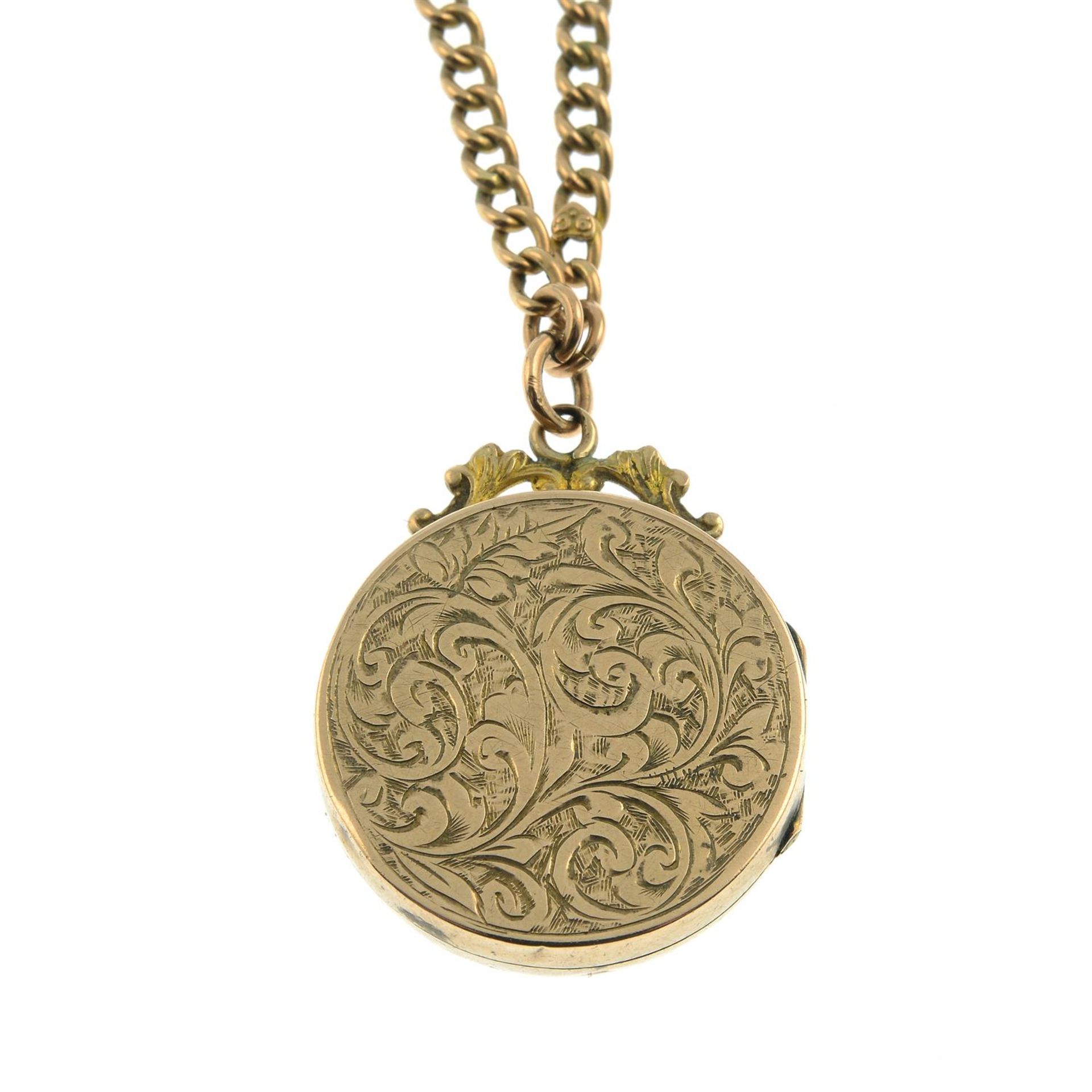 An early 20th century 9ct gold curb-link chain, with circular-shape locket.