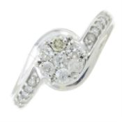 A 9ct gold diamond floral cluster ring, with diamond shoulders.