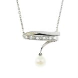 A cultured pearl and single-cut diamond ribbon pendant, on an integral trace-link chain.