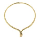 A 9ct gold snake necklace, with ruby eye accents, by Cropp & Farr.