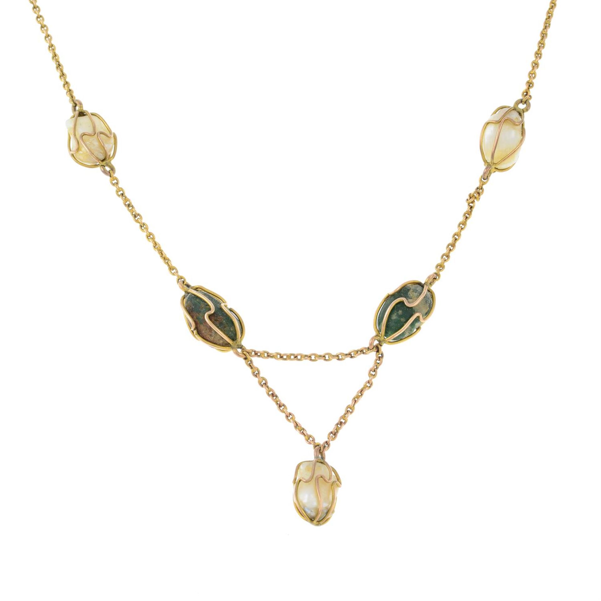 A mid Victorian 15ct gold pearl and gem-set necklace.