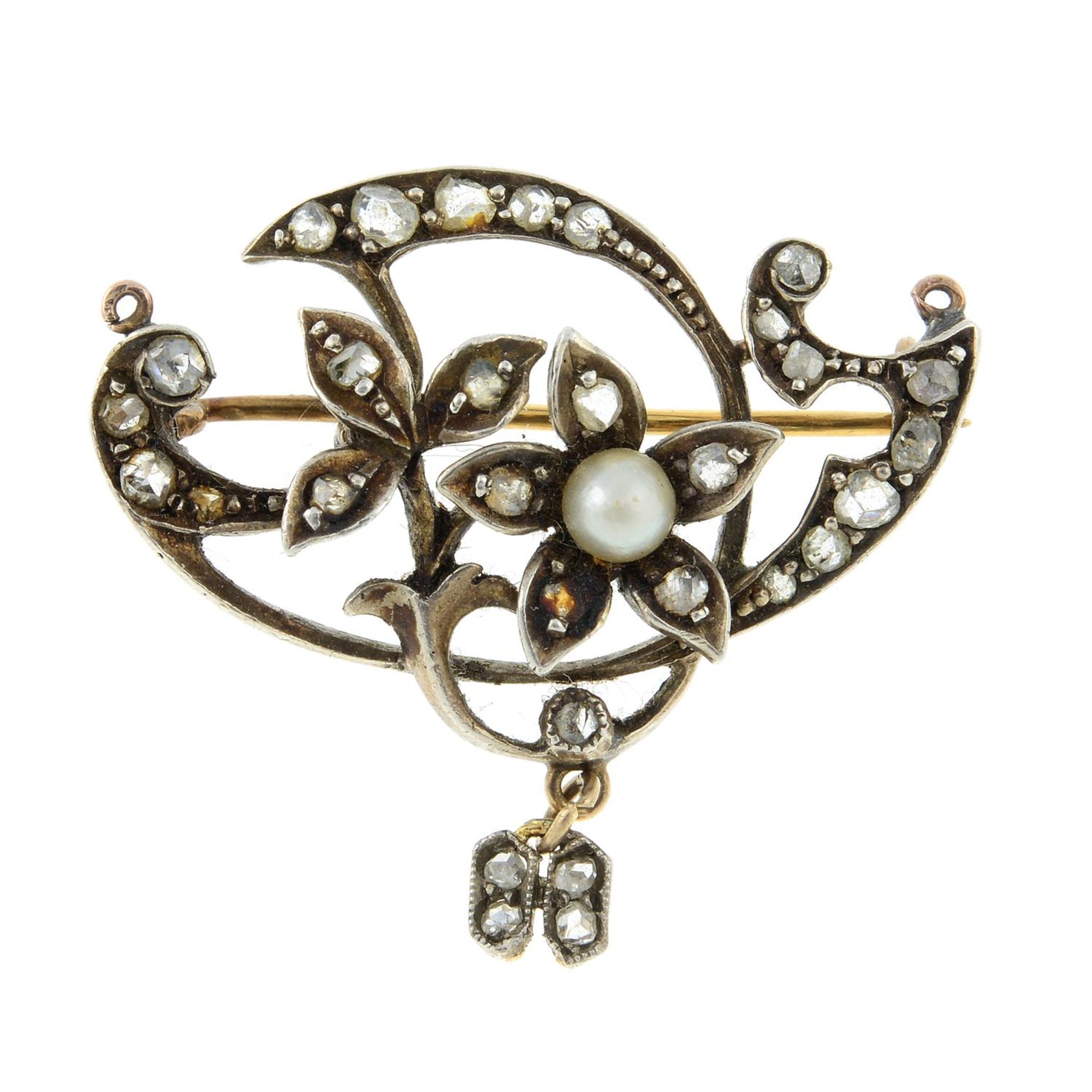 An early 20th century seed pearl and rose-cut diamond floral brooch.