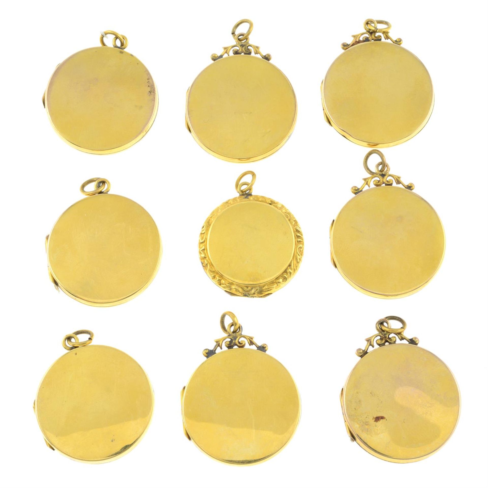 Nine early 20th century 9ct gold back&front locket pendants.