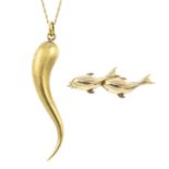 A 9ct gold dolphin brooch and a textured horn pendant, with chain.