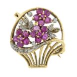 A 9ct gold ruby and diamond flower basket brooch.