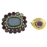 A late Georgian foil-back garnet and split pearl mourning brooch and a garnet and split pearl