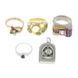 Five gem-set rings, together with a silver locket.