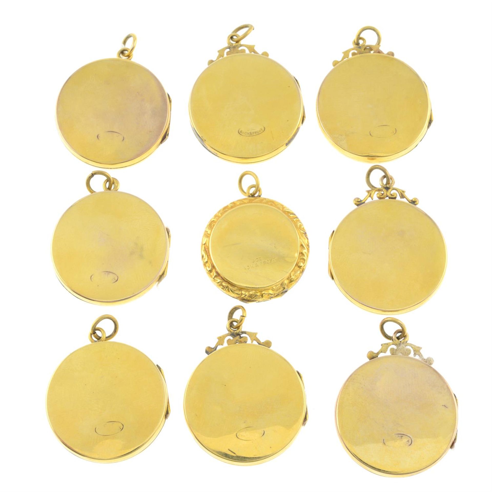 Nine early 20th century 9ct gold back&front locket pendants. - Image 2 of 2