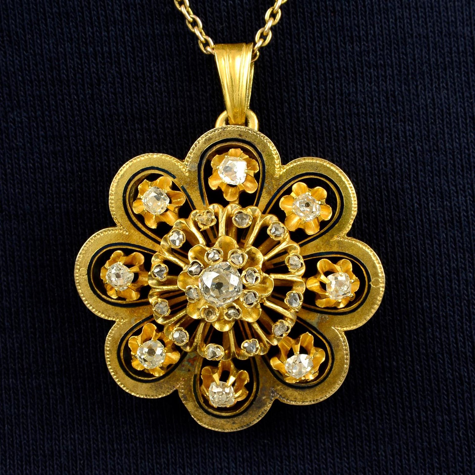 A late 19th century gold, old and rose-cut diamond and black enamel pendant, with early 20th