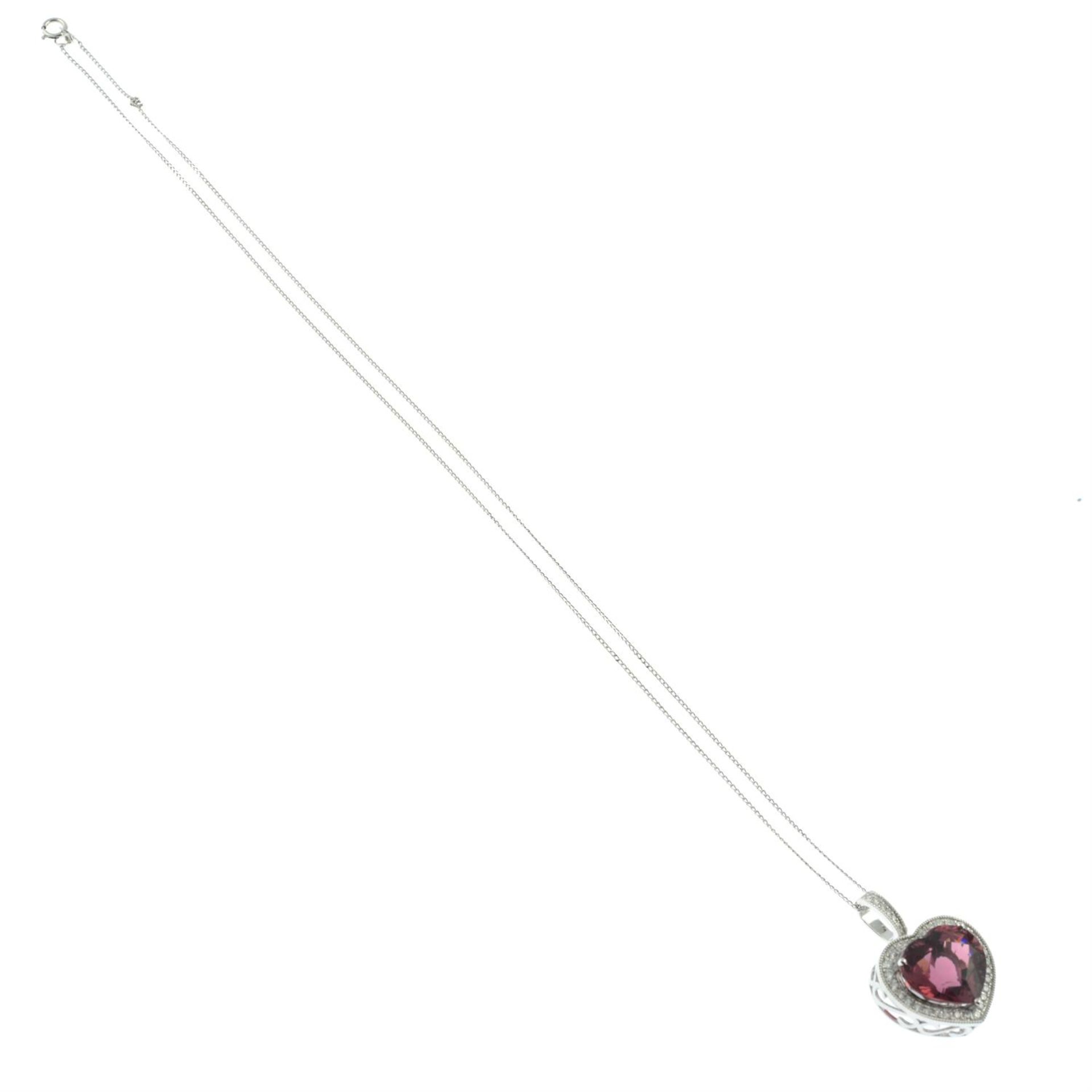 An 18ct gold heart-shape pink tourmaline and diamond pendant, with chain. - Image 4 of 5