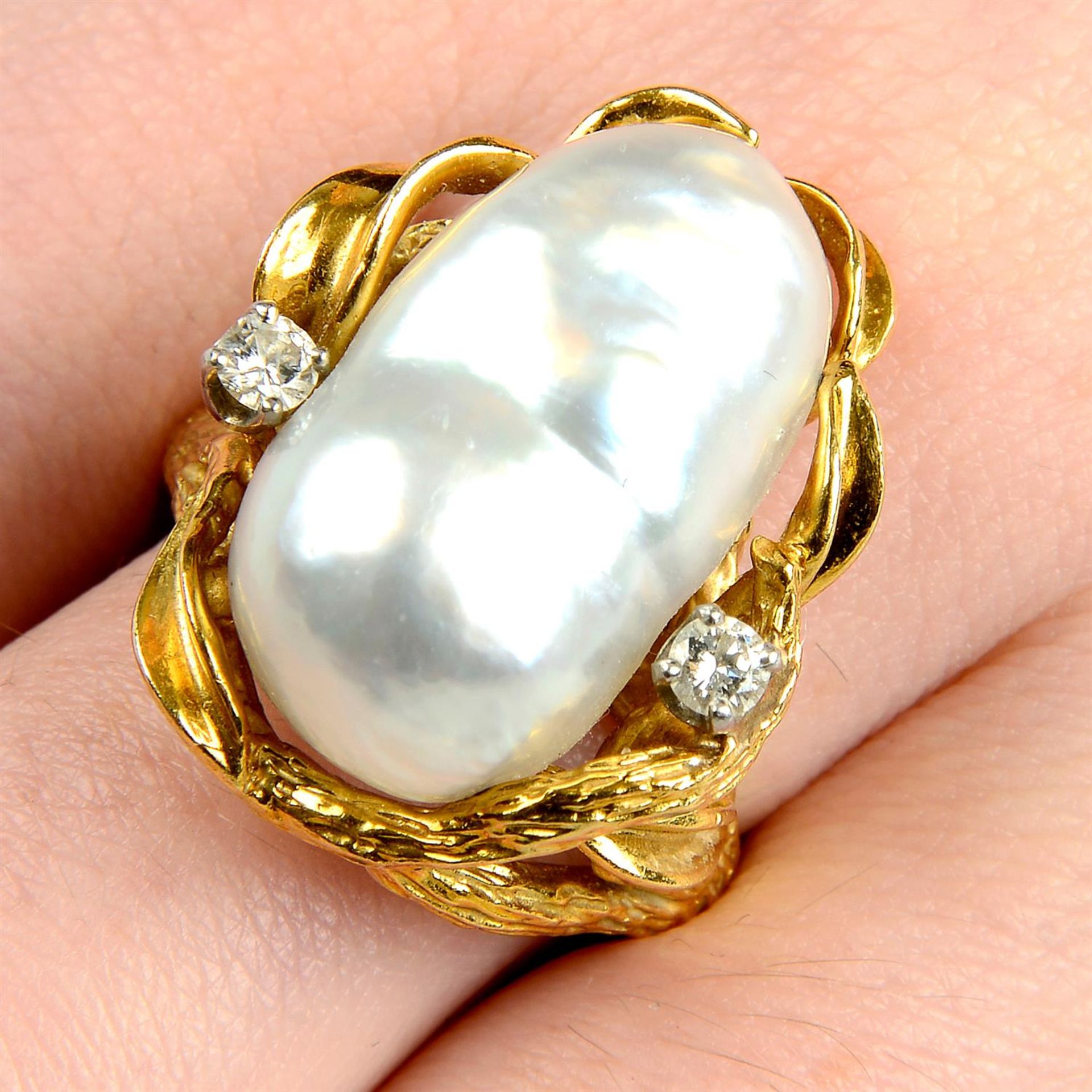 A mid 20th century 18ct gold baroque cultured pearl and brilliant-cut diamond ring,