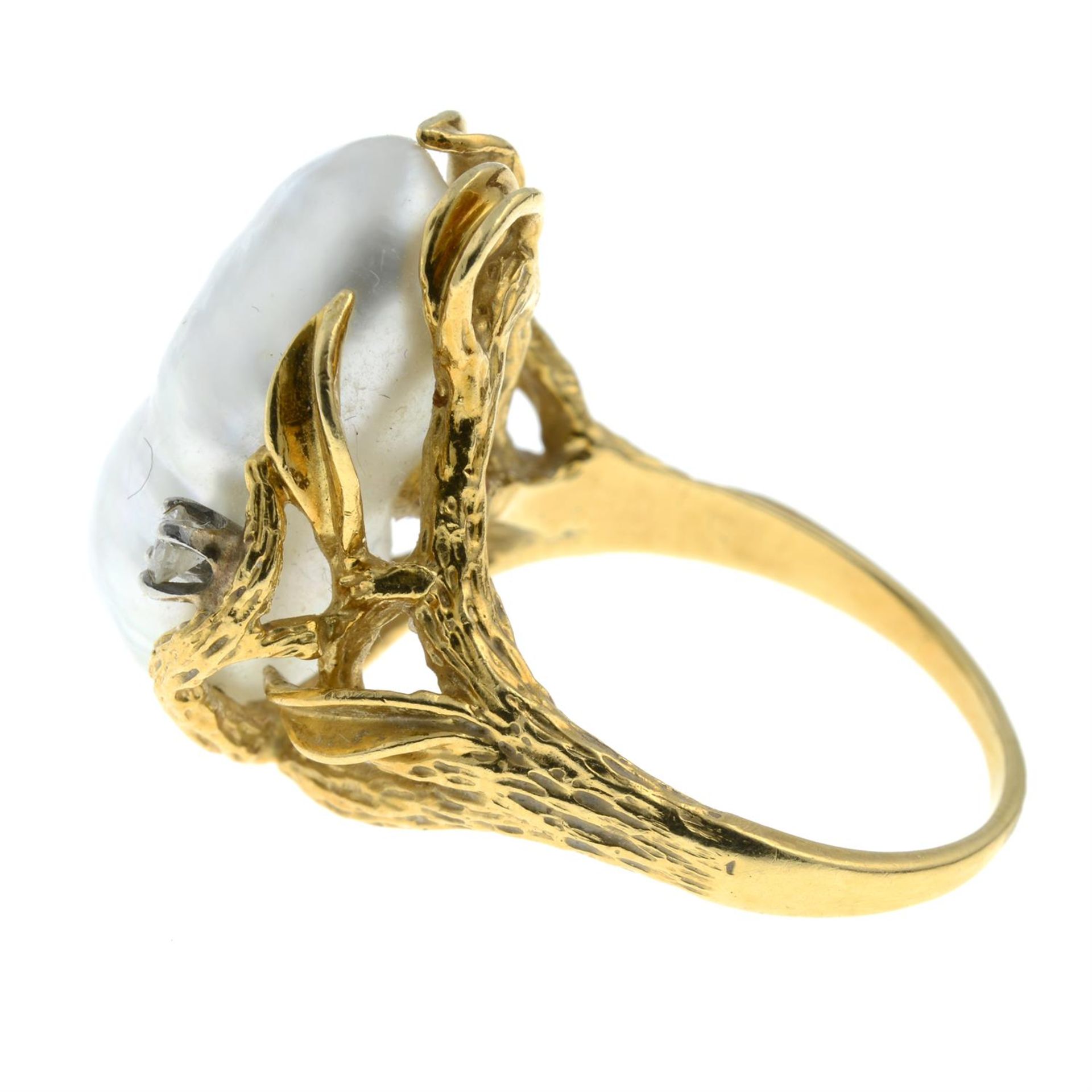 A mid 20th century 18ct gold baroque cultured pearl and brilliant-cut diamond ring, - Image 3 of 6