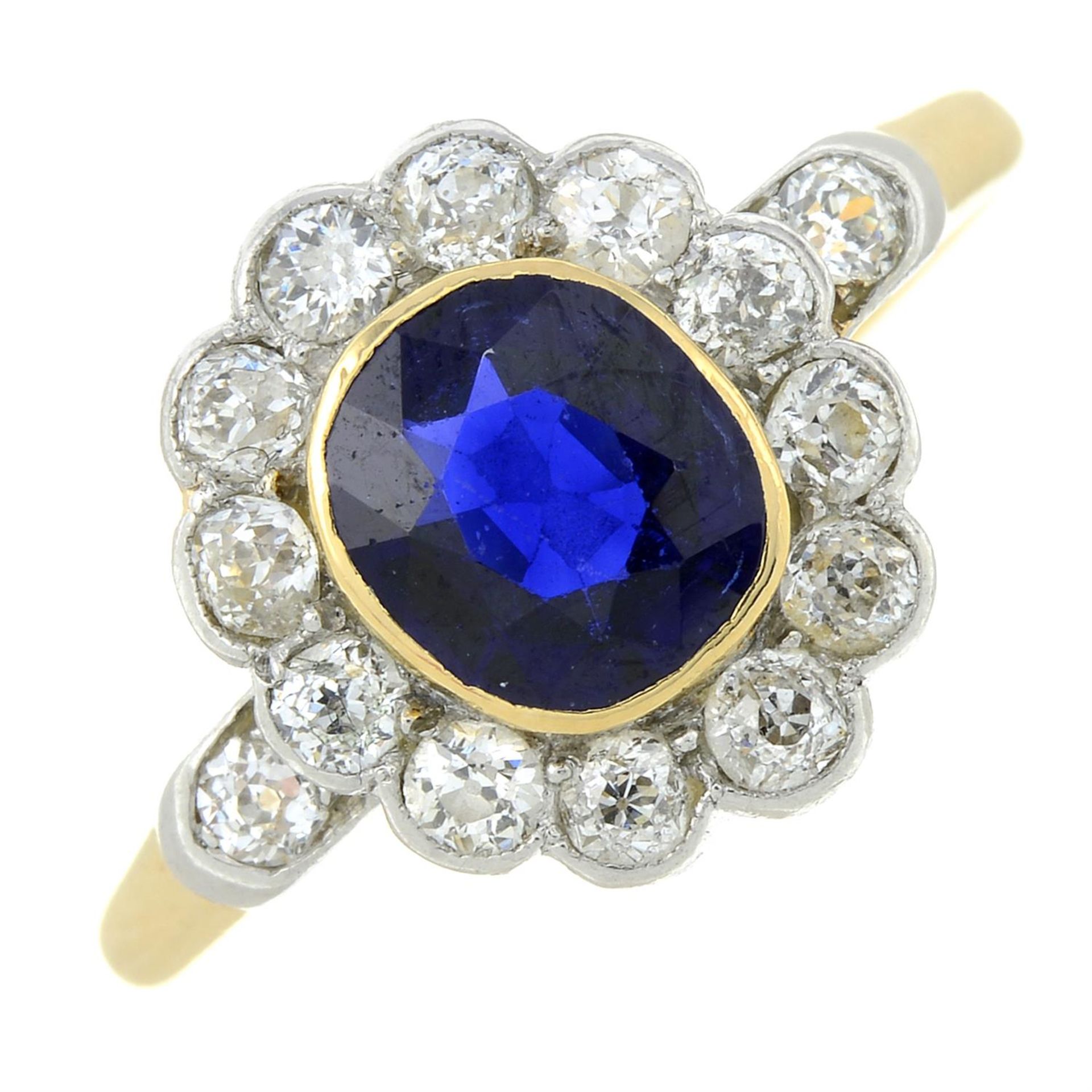 An early 20th century platinum and 18ct gold sapphire and old-cut diamond cluster ring. - Image 2 of 6