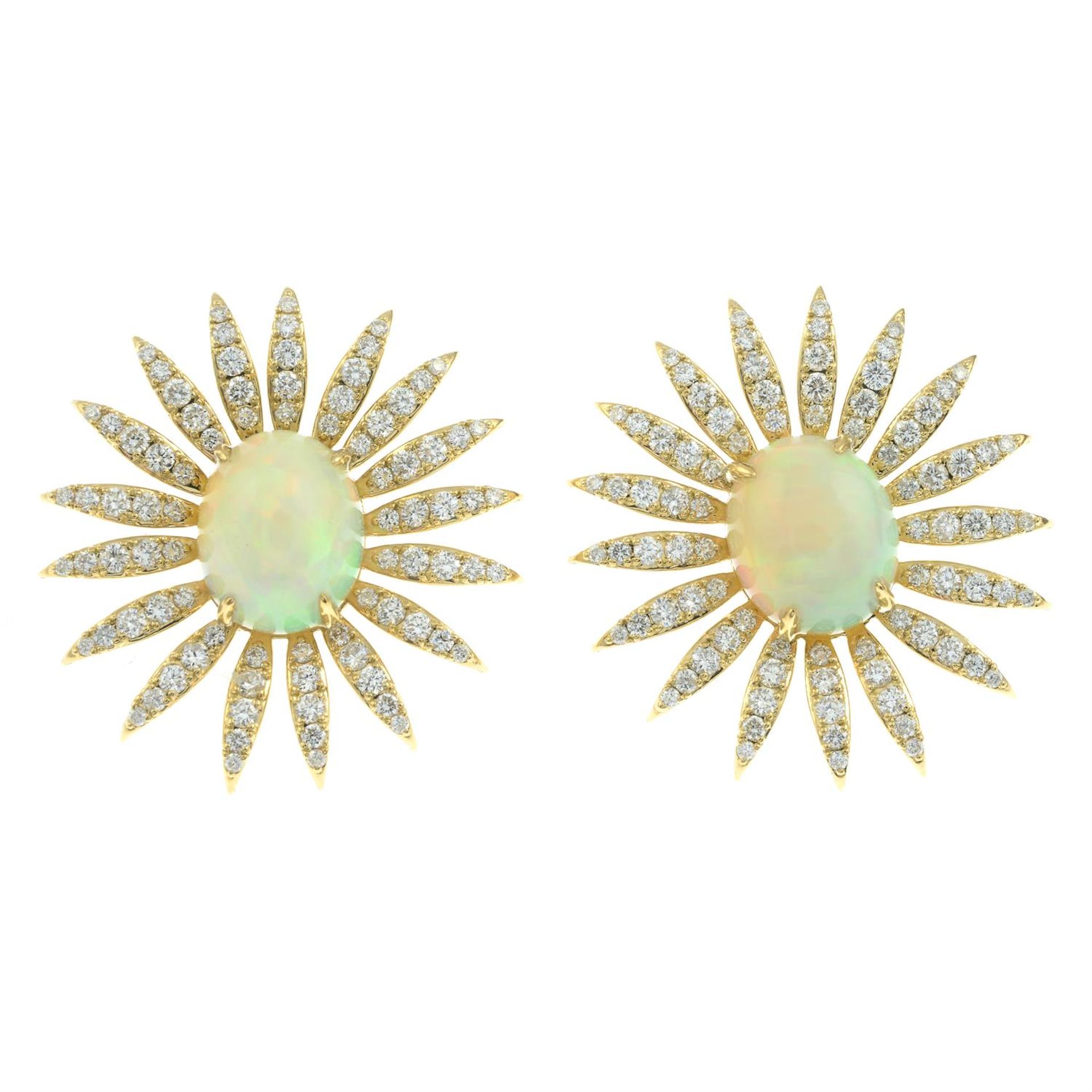 A pair of opal and brilliant-cut diamond floral earrings. - Image 2 of 3