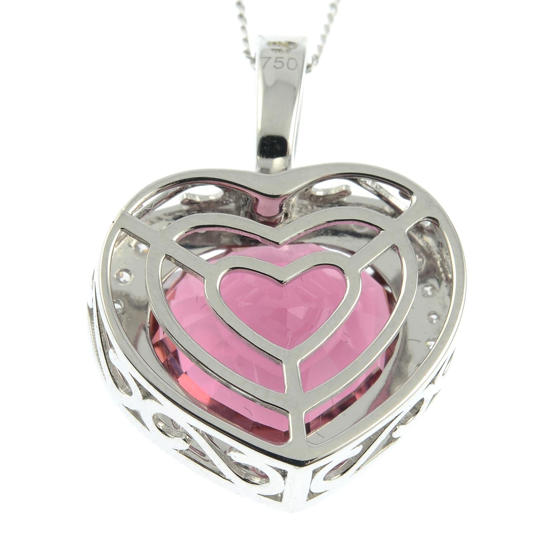 An 18ct gold heart-shape pink tourmaline and diamond pendant, with chain. - Image 3 of 5