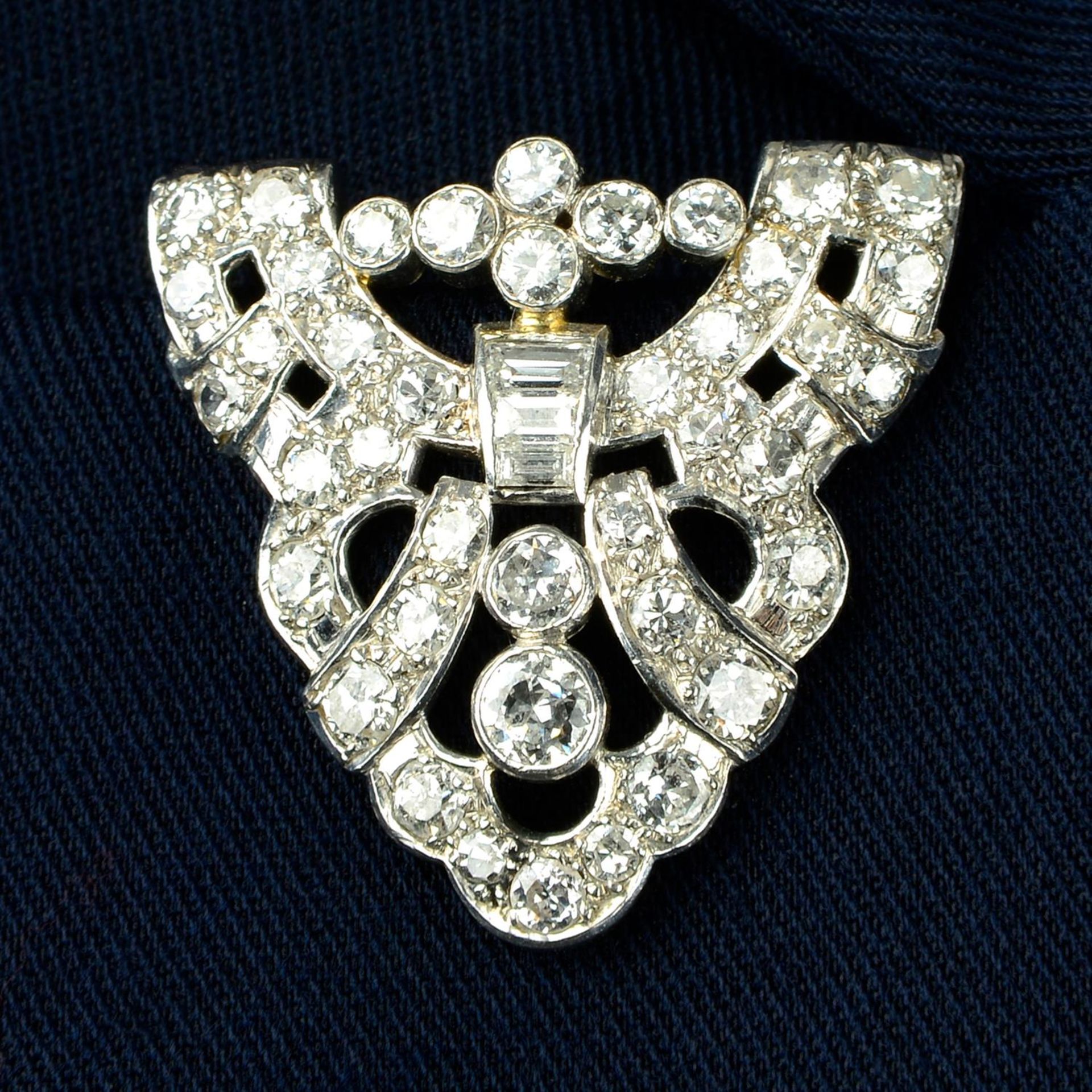 A mid 20th century platinum vari-cut diamond clip.