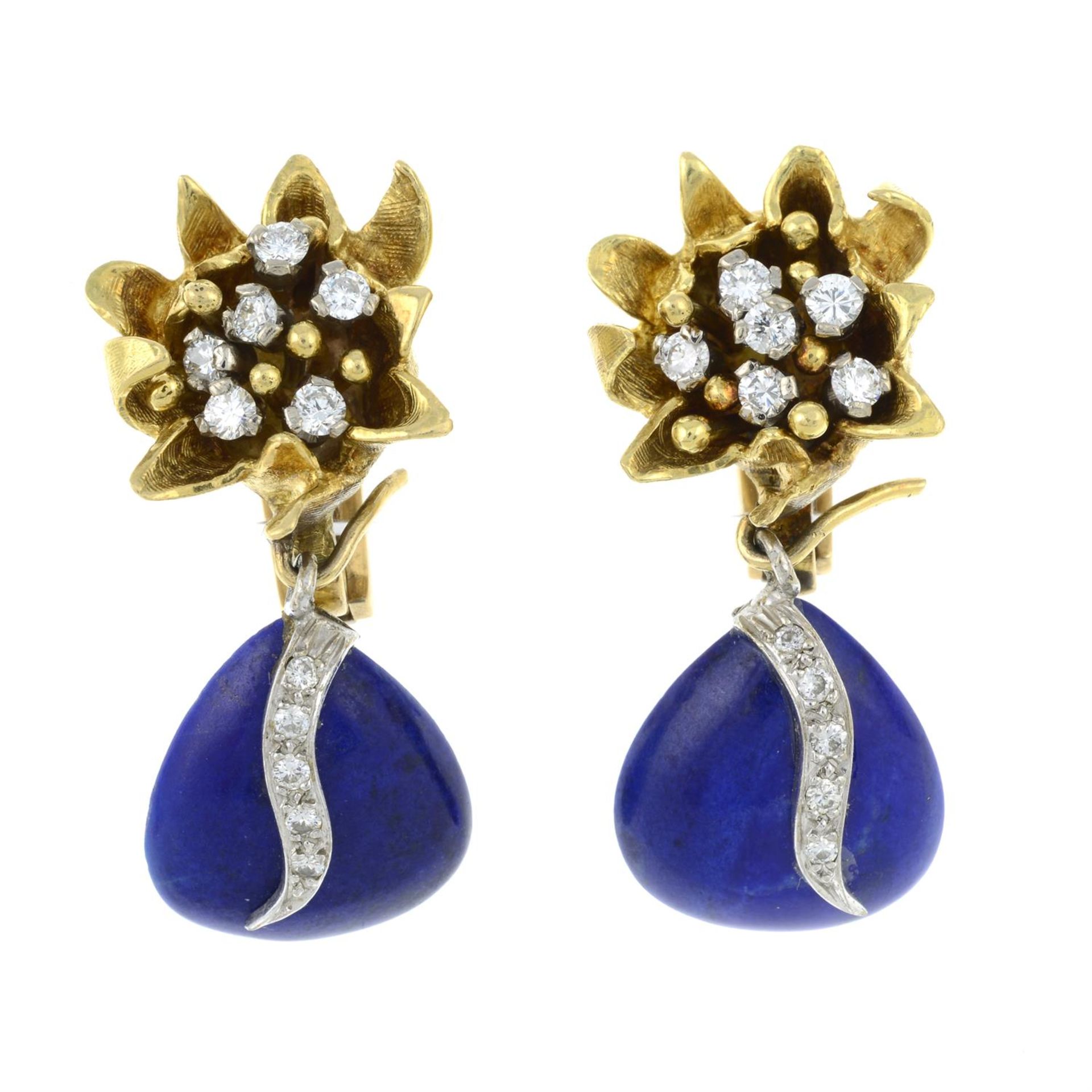 A pair of mid 20th century gold brilliant-cut diamond textured floral earrings, suspending a - Image 2 of 3