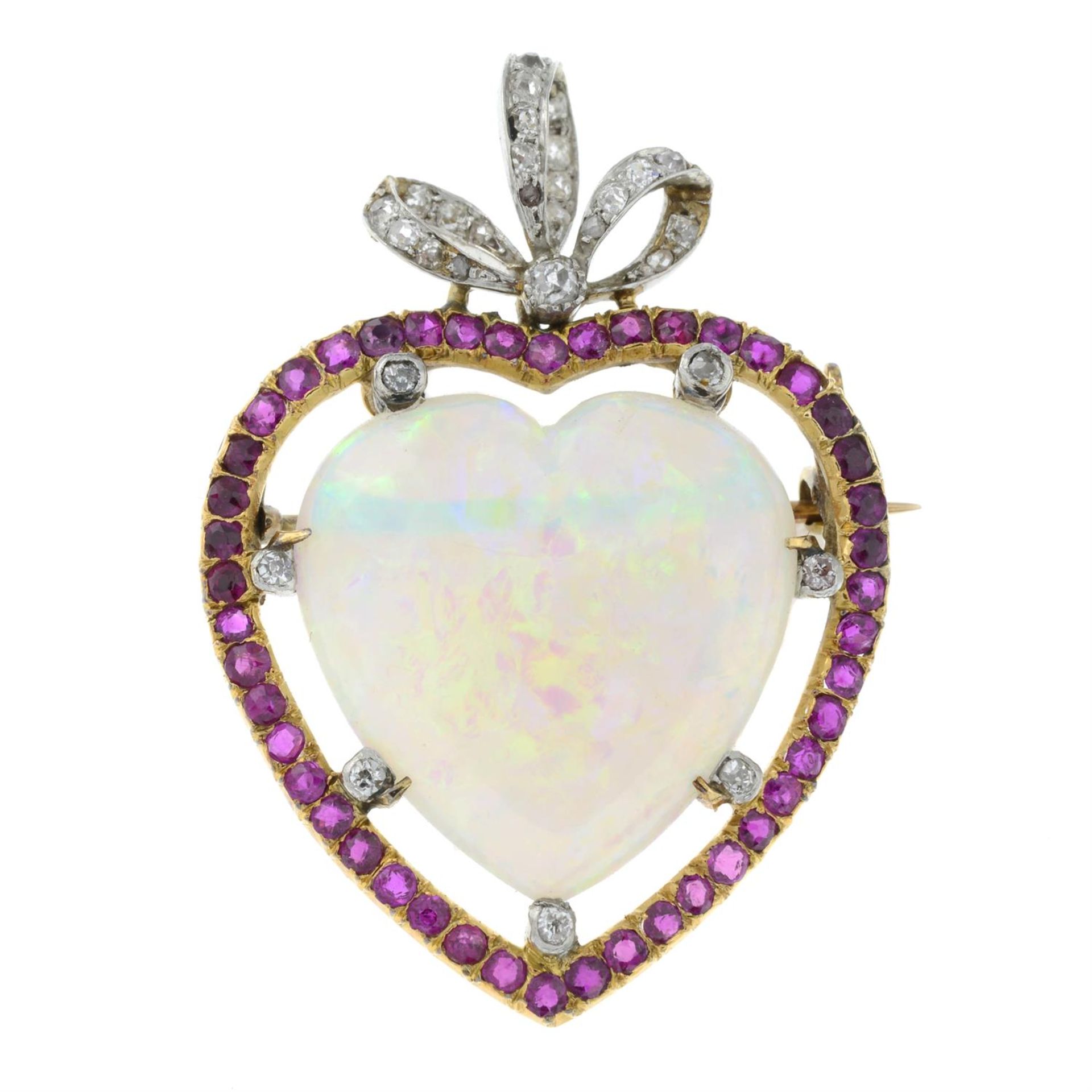 An Edwardian platinum and 18ct gold opal heart cabochon, ruby and diamond bow brooch. - Image 2 of 4