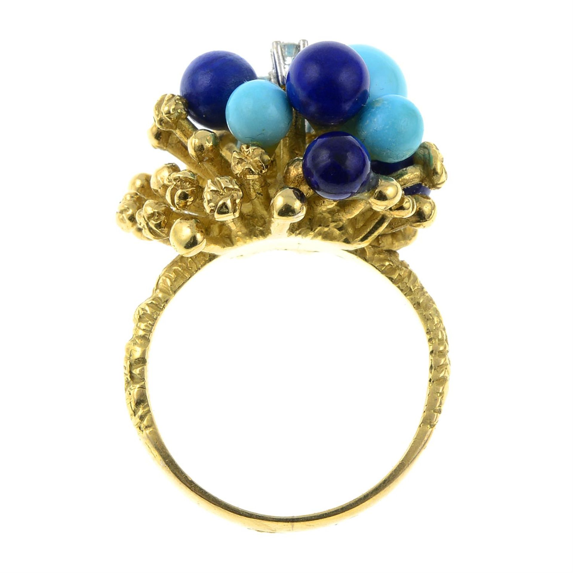 A diamond, turquoise and lapis lazuli bead bombè ring, with textured shoulders. - Image 5 of 6