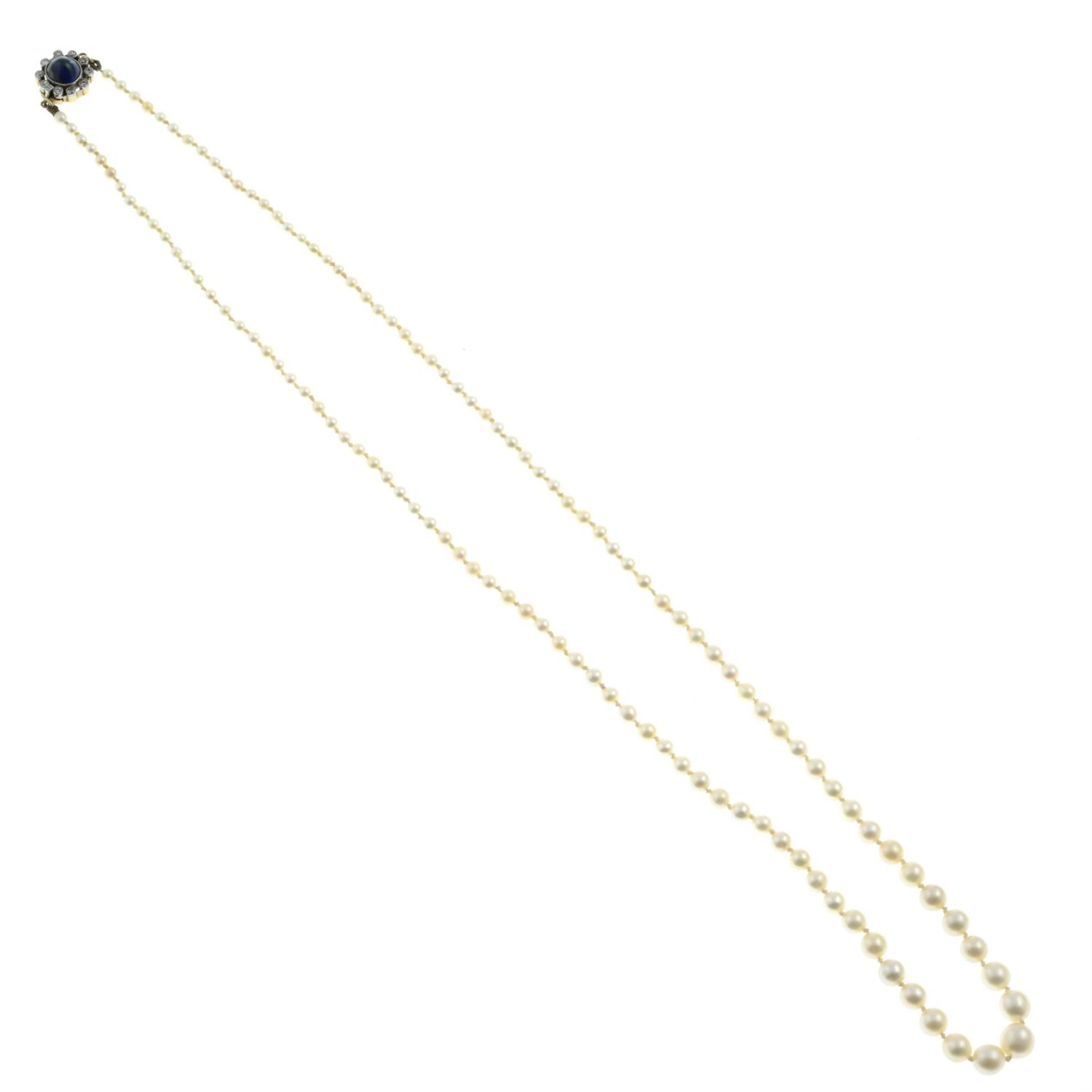 An early 20th century graduated pearl single-strand necklace, with sapphire cabochon and single-cut - Image 3 of 5