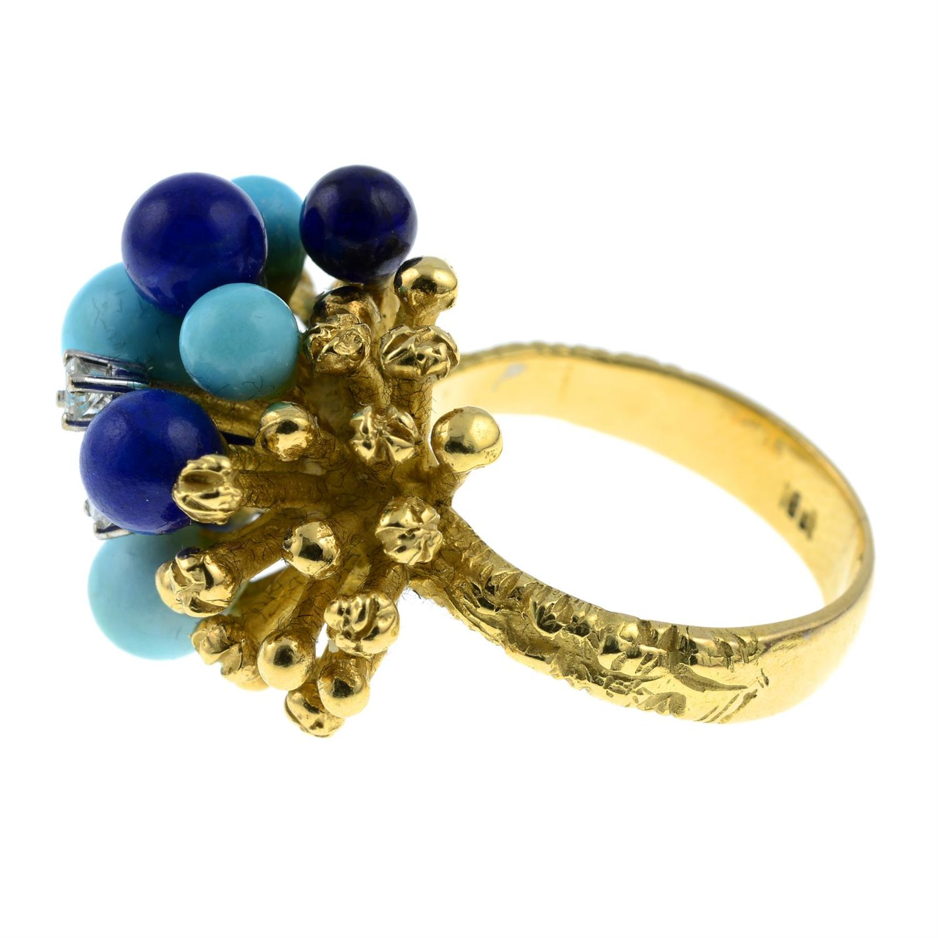 A diamond, turquoise and lapis lazuli bead bombè ring, with textured shoulders. - Image 3 of 6