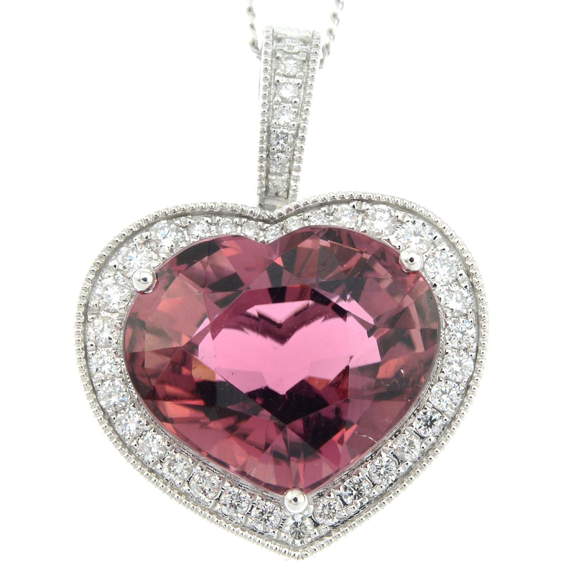 An 18ct gold heart-shape pink tourmaline and diamond pendant, with chain. - Image 2 of 5