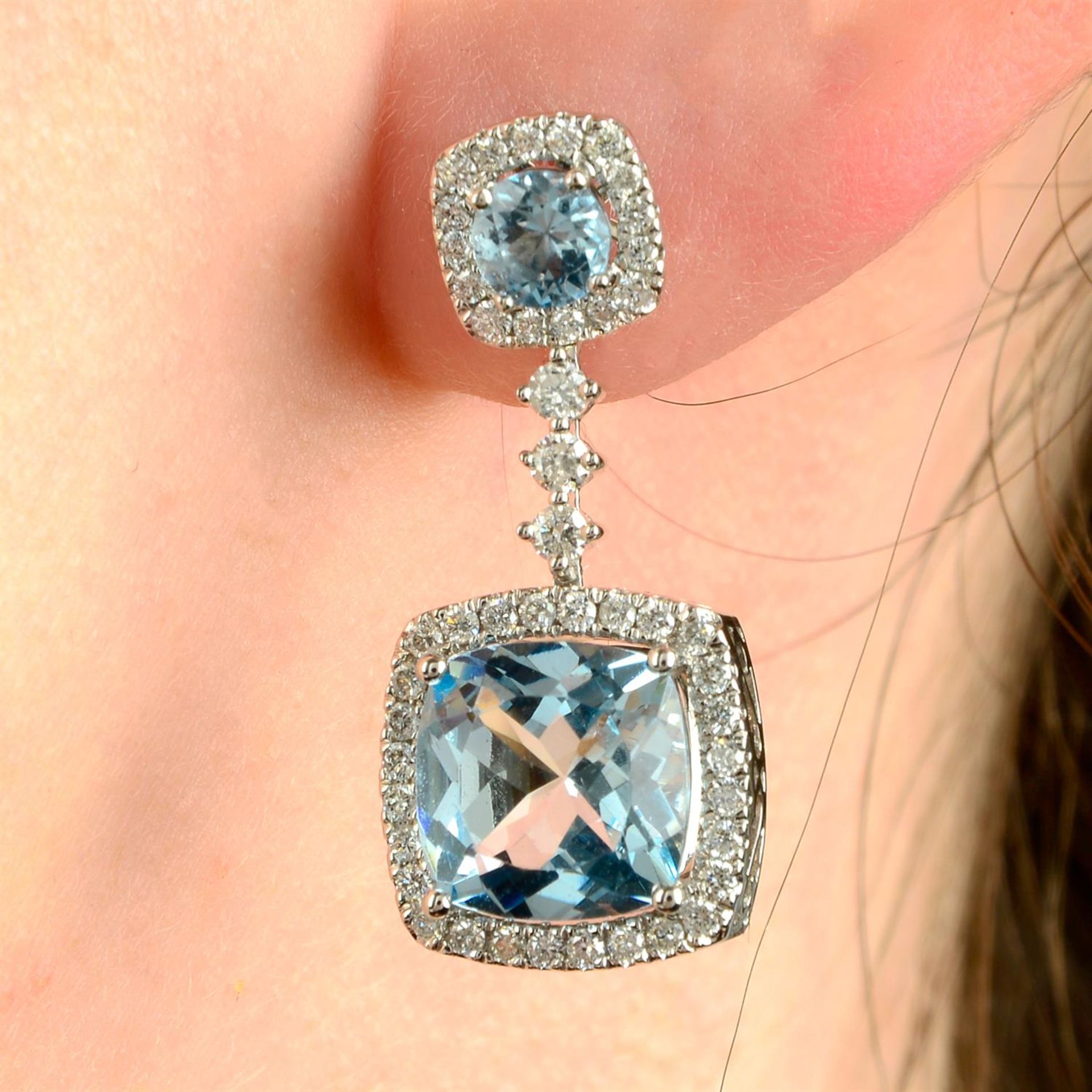 A pair of 18ct gold aquamarine and diamond cluster earrings, with similarly-set detachable drop.