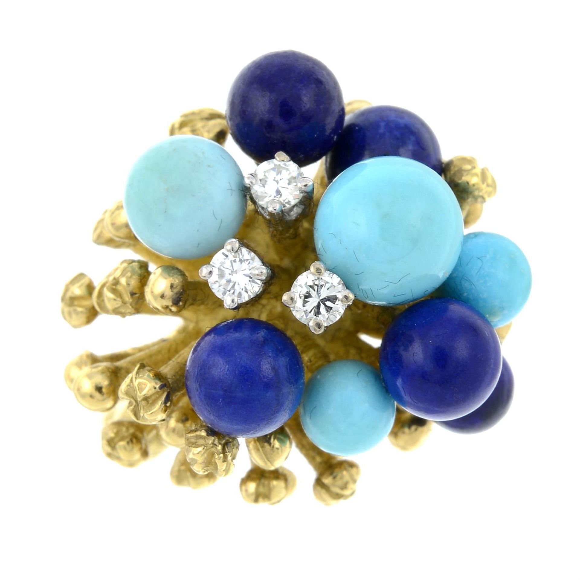 A diamond, turquoise and lapis lazuli bead bombè ring, with textured shoulders. - Image 2 of 6