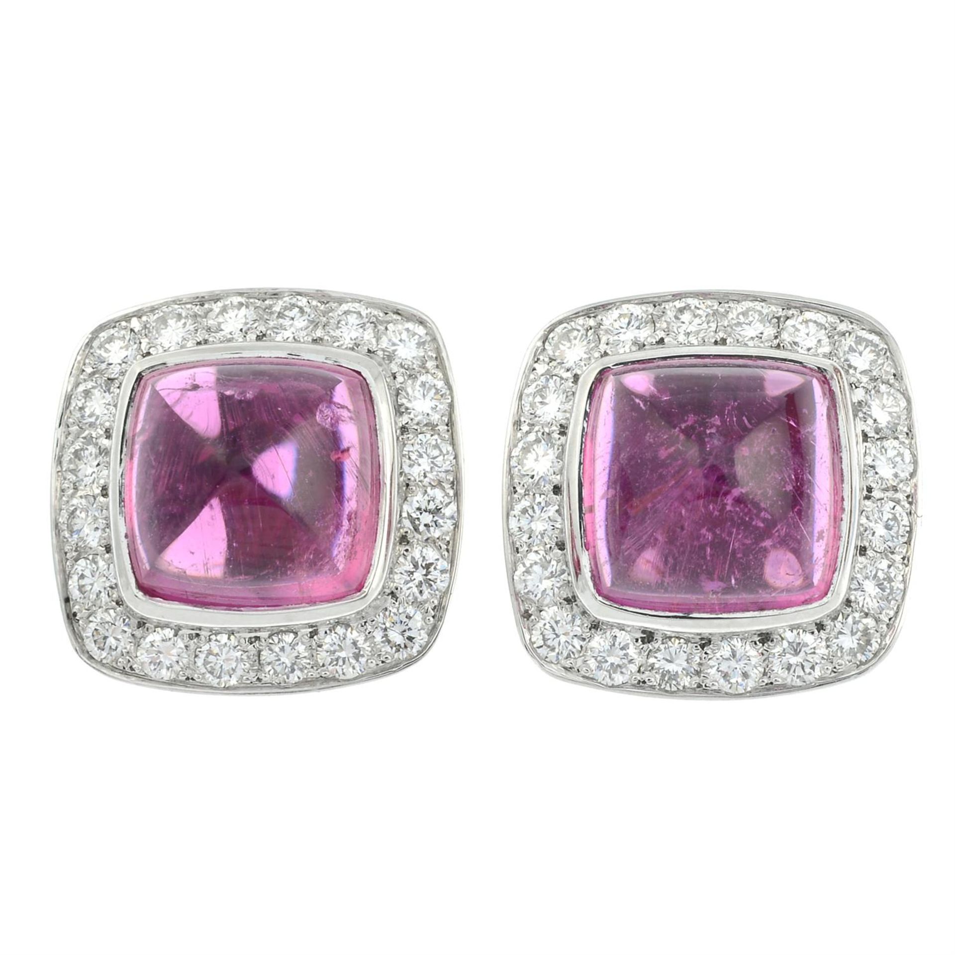 A pair of pink tourmaline cabochon and brilliant-cut diamond earrings. - Image 2 of 3