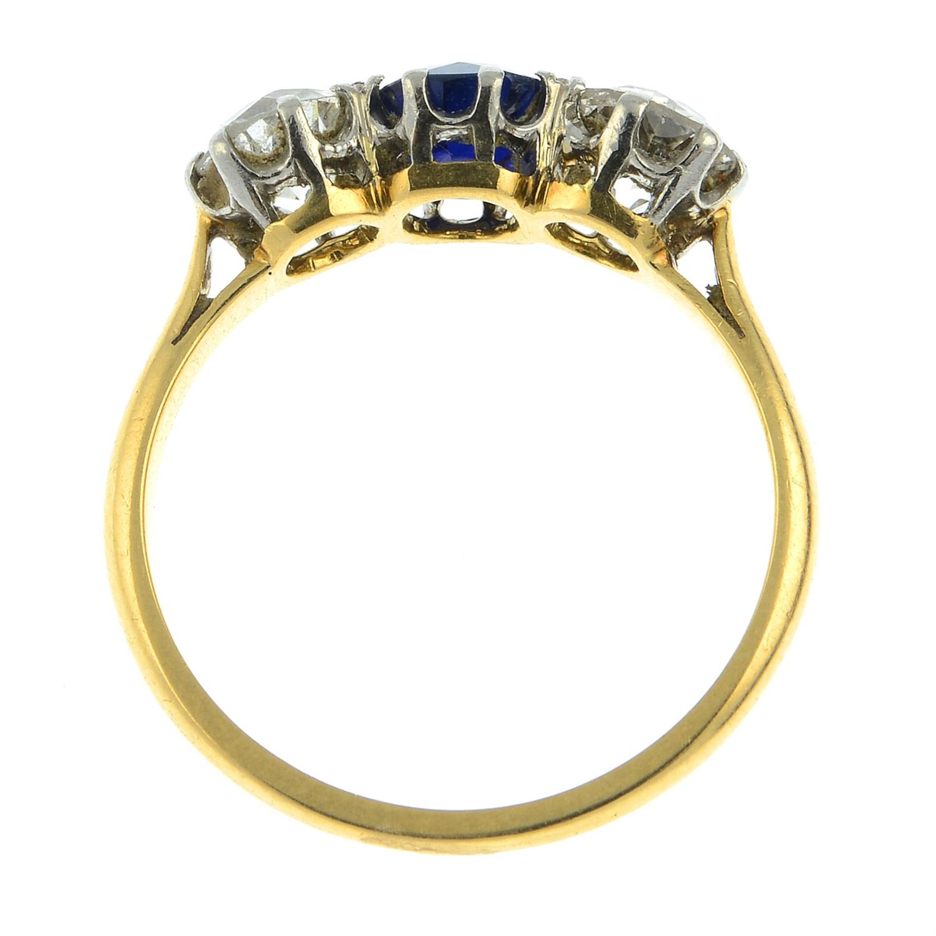 An early 20th century 18ct gold sapphire and old-cut diamond three-stone ring. - Image 5 of 6