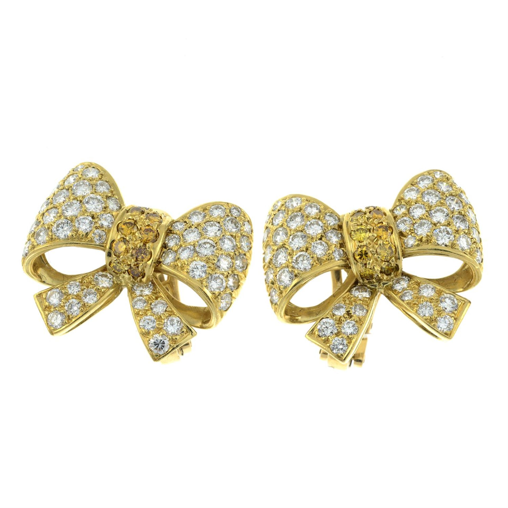 A pair of pavé-set 'yellow' diamond and diamond bow earrings. - Image 2 of 3