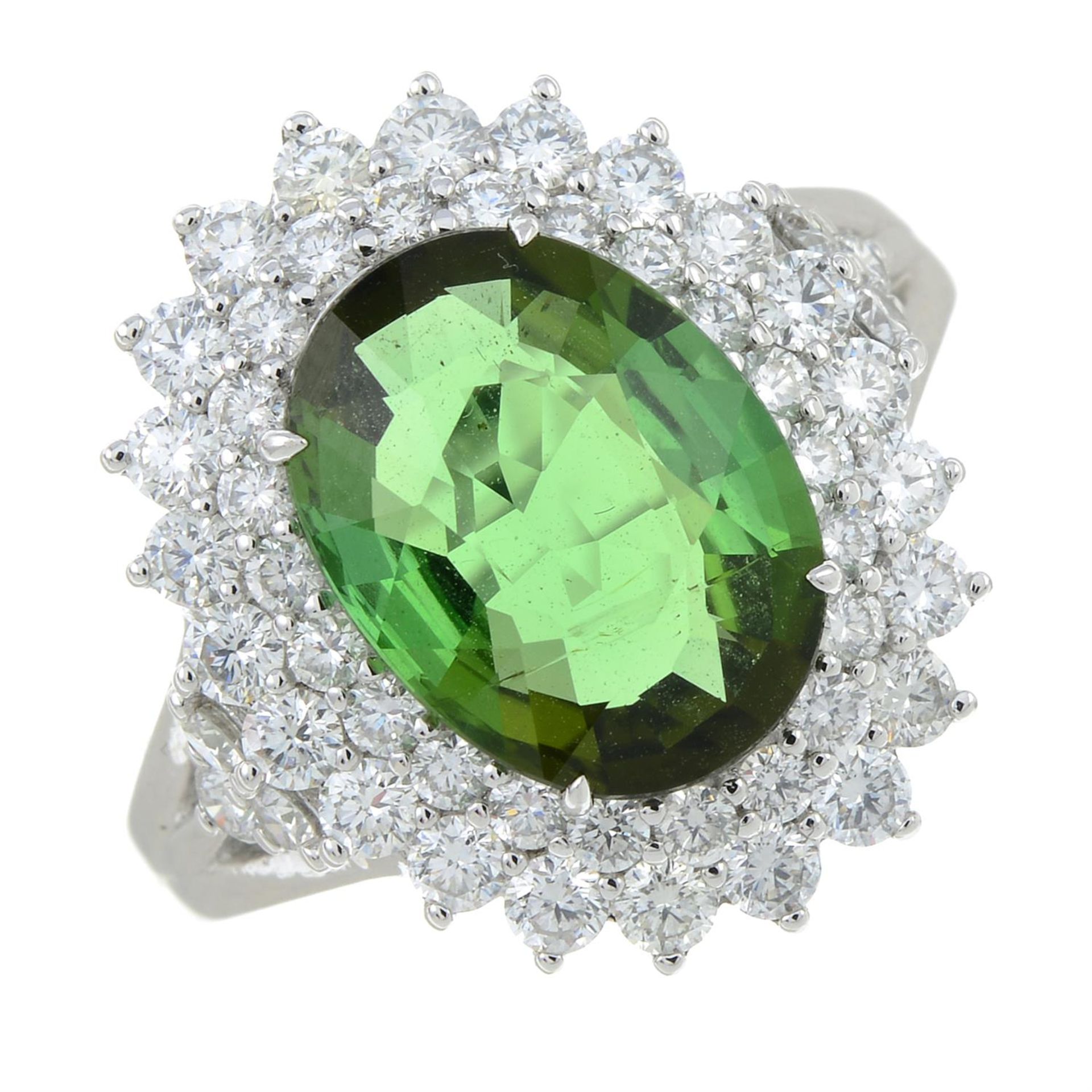 A green tourmaline ring, with brilliant-cut diamond surrounds and shoulders. - Image 2 of 6